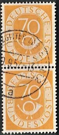 FRIMÆRKER VESTTYSKL. BUND: 1951 | AFA 1099 | Ny tegning - 70 pf. gul i lodret par - Stemplet